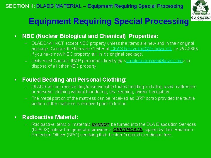 SECTION 1: DLADS MATERIAL – Equipment Requiring Special Processing • NBC (Nuclear Biological and