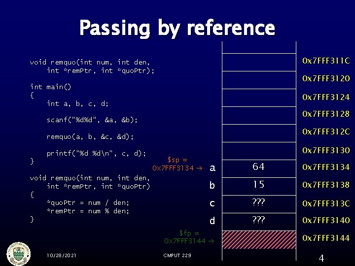 Passing by reference 0 x 7 FFF 311 C void remquo(int num, int den,