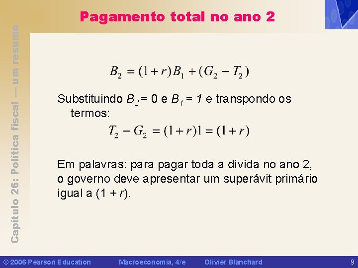 Capítulo 26: Política fiscal — um resumo Pagamento total no ano 2 Substituindo B