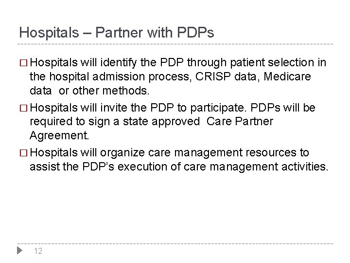 Hospitals – Partner with PDPs � Hospitals will identify the PDP through patient selection