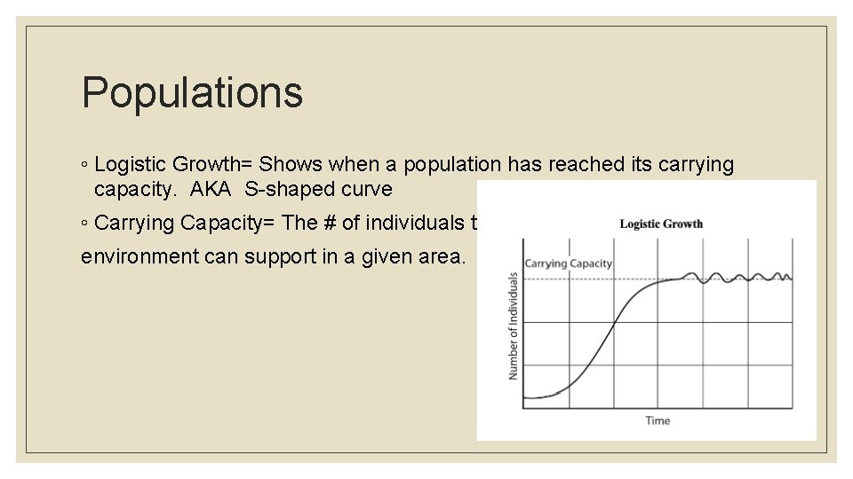 Populations ◦ Logistic Growth= Shows when a population has reached its carrying capacity. AKA