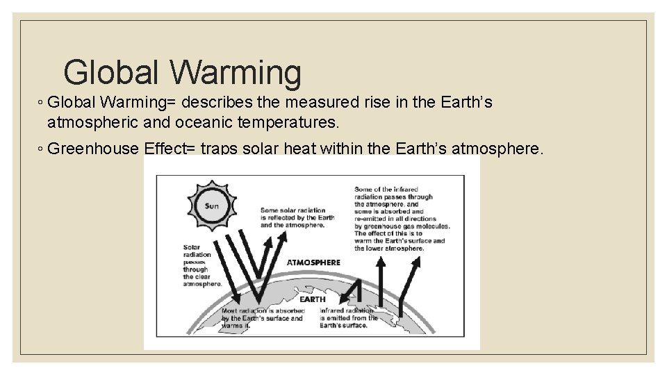 Global Warming ◦ Global Warming= describes the measured rise in the Earth’s atmospheric and