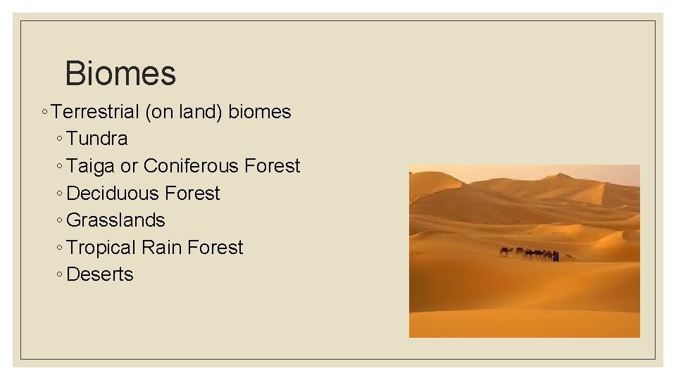 Biomes ◦ Terrestrial (on land) biomes ◦ Tundra ◦ Taiga or Coniferous Forest ◦