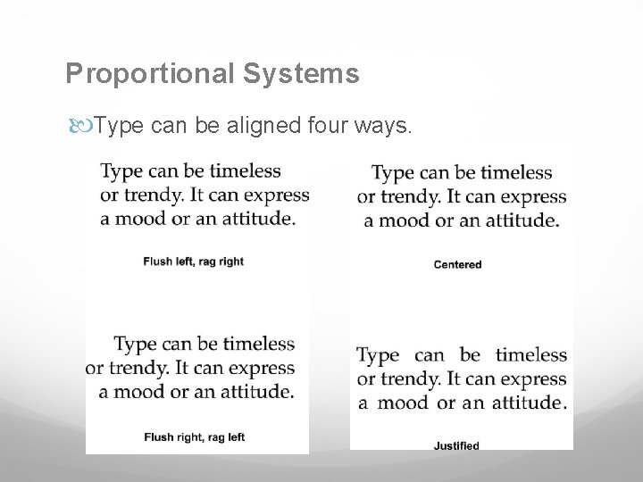 Proportional Systems Type can be aligned four ways. 