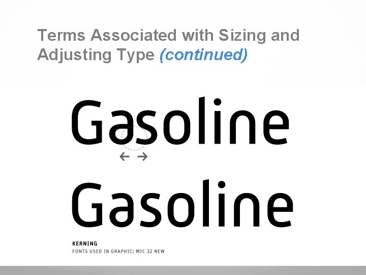 Terms Associated with Sizing and Adjusting Type (continued) Kerning involves making selective adjustments between
