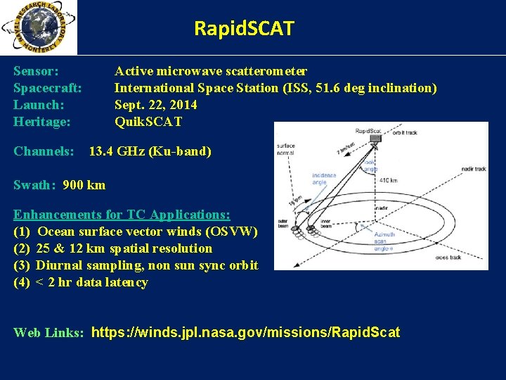Rapid. SCAT Sensor: Spacecraft: Launch: Heritage: Channels: Active microwave scatterometer International Space Station (ISS,
