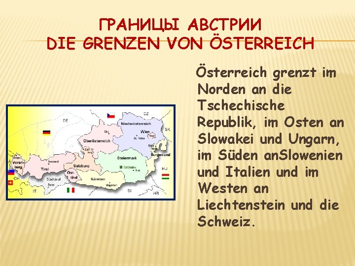 ГРАНИЦЫ АВСТРИИ DIE GRENZEN VON ÖSTERREICH Österreich grenzt im Norden an die Tschechische Republik,
