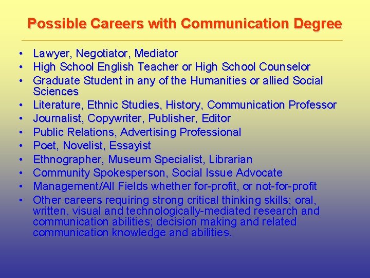 Possible Careers with Communication Degree • • • Lawyer, Negotiator, Mediator High School English