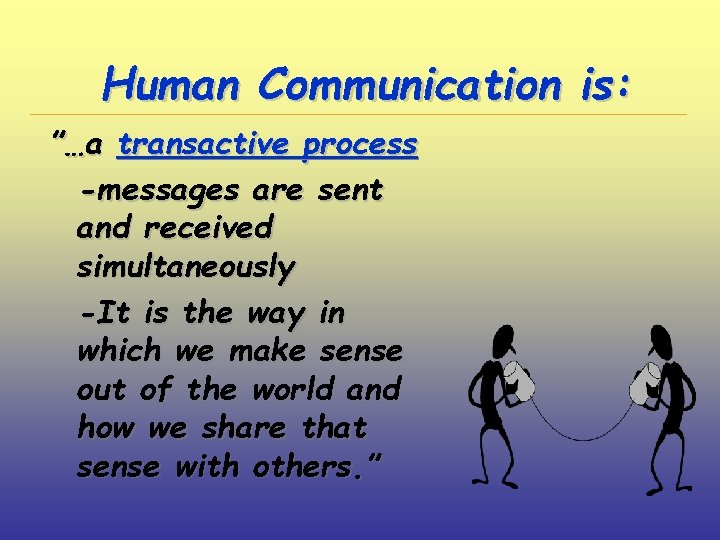 Human Communication is: ”…a transactive process -messages are sent and received simultaneously -It is