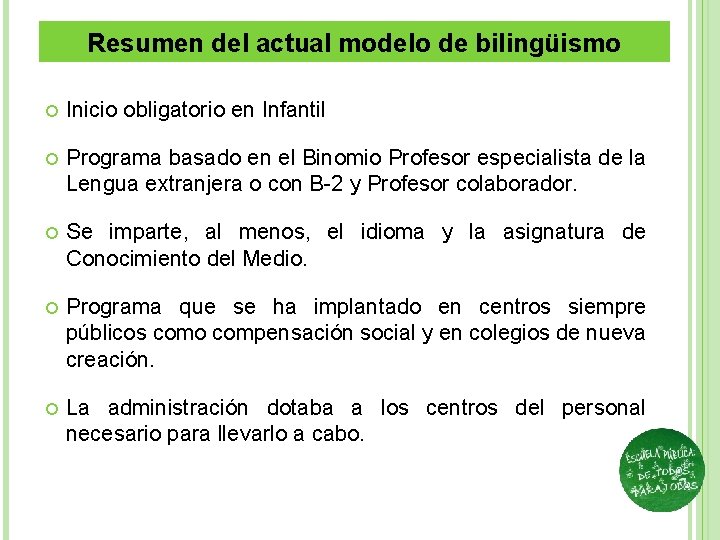 Resumen del actual modelo de bilingüismo Inicio obligatorio en Infantil Programa basado en el