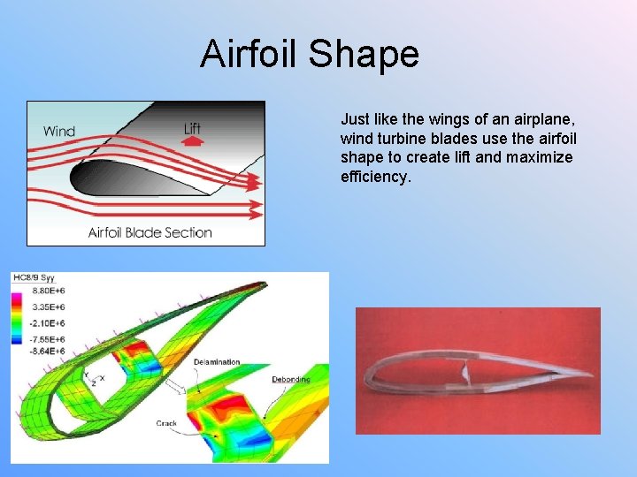 Airfoil Shape Just like the wings of an airplane, wind turbine blades use the