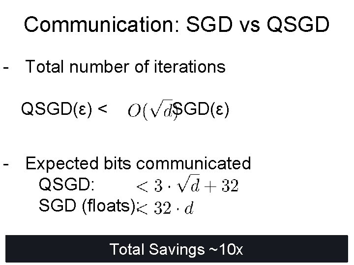 Communication: SGD vs QSGD - Total number of iterations QSGD(ε) < SGD(ε) - Expected