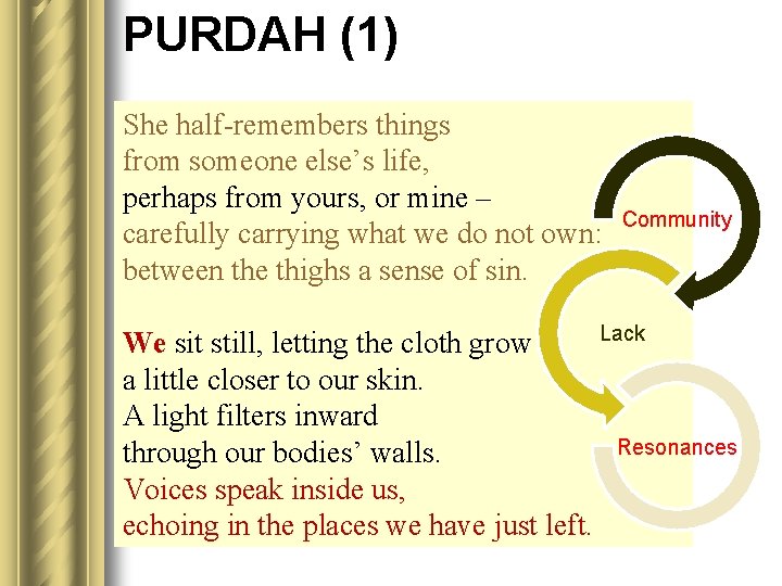 PURDAH (1) She half-remembers things from someone else’s life, perhaps from yours, or mine