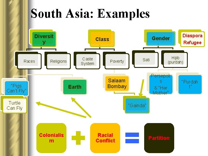 South Asia: Examples Diversit y Races Religions “Pigs Can’t Fly” Gender Class Caste System