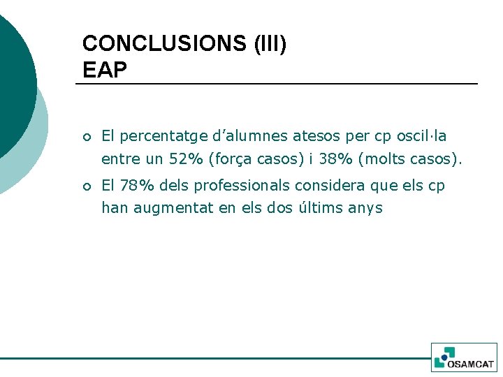 CONCLUSIONS (III) EAP ¡ El percentatge d’alumnes atesos per cp oscil·la entre un 52%
