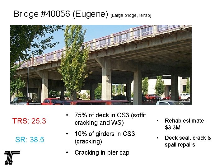 Bridge #40056 (Eugene) [Large bridge, rehab] TRS: 25. 3 SR: 38. 5 • 75%