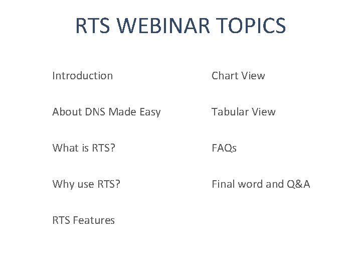 RTS WEBINAR TOPICS Introduction Chart View About DNS Made Easy Tabular View What is