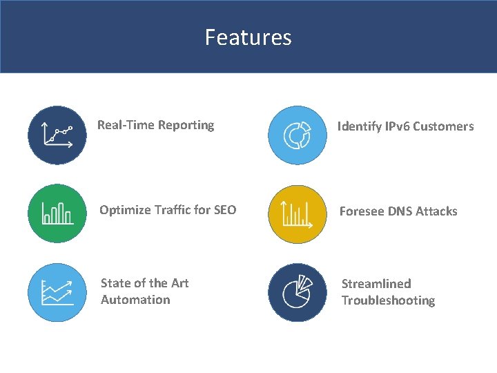 Features Real-Time Reporting Identify IPv 6 Customers Optimize Traffic for SEO Foresee DNS Attacks