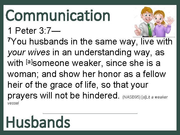 Communication 1 Peter 3: 7— 7 You husbands in the same way, live with