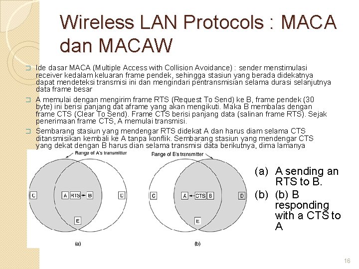 Wireless LAN Protocols : MACA dan MACAW Ide dasar MACA (Multiple Access with Collision