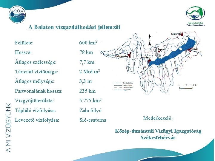 A Balaton vízgazdálkodási jellemzői Felülete: 600 km 2 Hossza: 78 km Átlagos szélessége: 7,