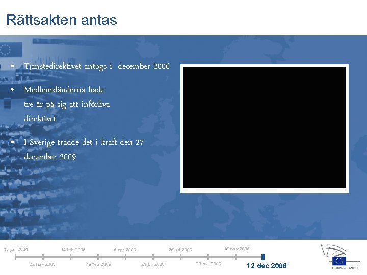 Rättsakten antas • Tjänstedirektivet antogs i december 2006 • Medlemsländerna hade tre år på