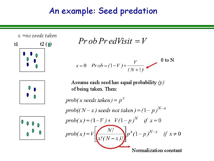 An example: Seed predation x =no seeds taken t 1 t 2 ( )