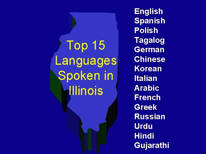 Top 15 Languages Spoken in Illinois English Spanish Polish Tagalog German Chinese Korean Italian Top 15 Languages Spoken in Illinois English Spanish Polish Tagalog German Chinese Korean Italian