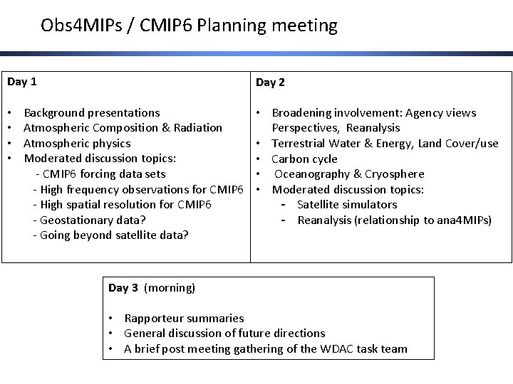 Obs 4 MIPs / CMIP 6 Planning meeting Day 1 • • Day 2