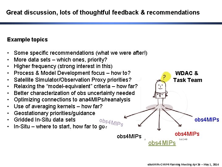 Great discussion, lots of thoughtful feedback & recommendations Example topics • • • Some