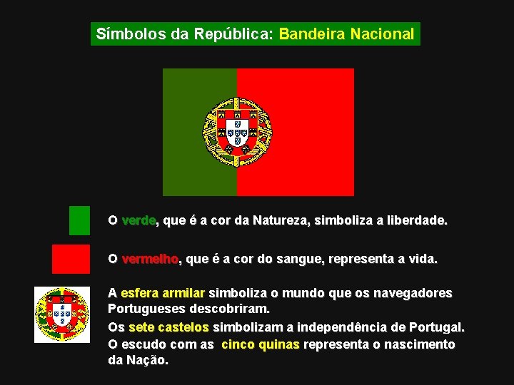 Símbolos da República: Bandeira Nacional O verde, que é a cor da Natureza, simboliza