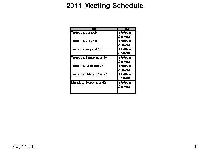 2011 Meeting Schedule Date Tuesday, June 21 Tuesday, July 19 Tuesday, August 16 Tuesday,