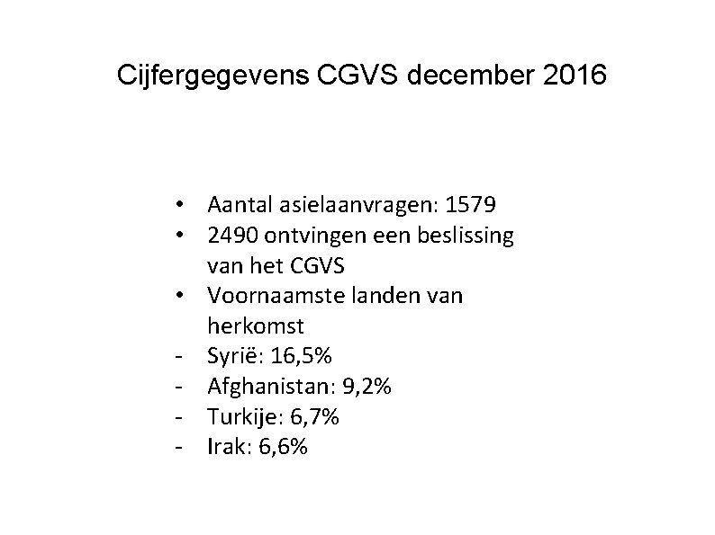 Cijfergegevens CGVS december 2016 • Aantal asielaanvragen: 1579 • 2490 ontvingen een beslissing van