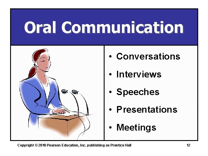 Oral Communication • Conversations • Interviews • Speeches • Presentations • Meetings Copyright ©