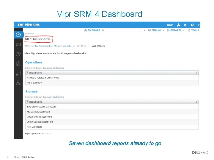 Vipr SRM 4 Dashboard Seven dashboard reports already to go 4 © Copyright 2016