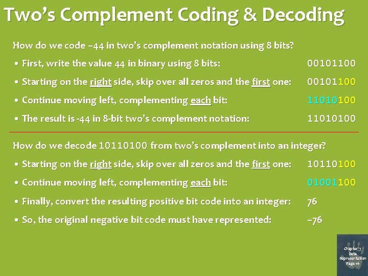 Two’s Complement Coding & Decoding How do we code – 44 in two’s complement