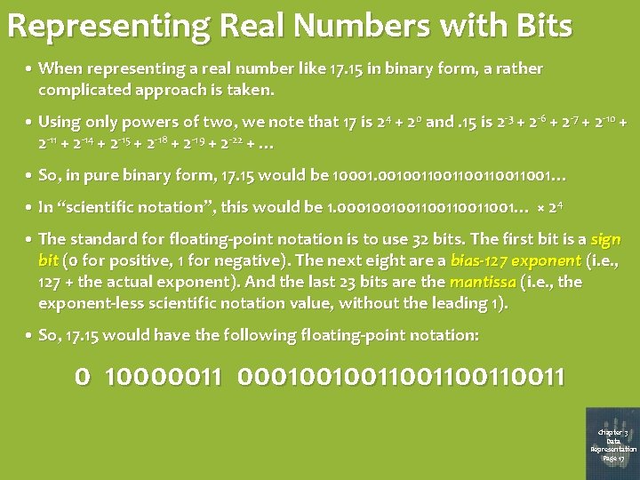 Representing Real Numbers with Bits • When representing a real number like 17. 15