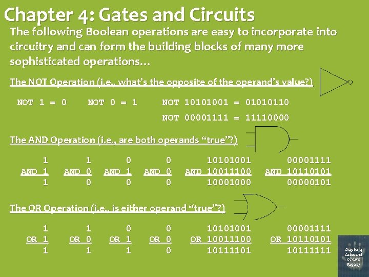 Chapter 4: Gates and Circuits The following Boolean operations are easy to incorporate into