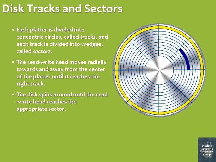 Disk Tracks and Sectors • Each platter is divided into concentric circles, called tracks,