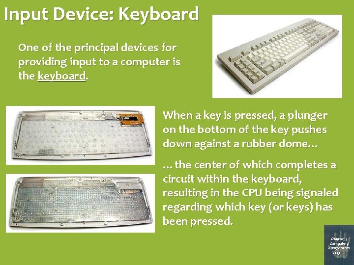 Input Device: Keyboard One of the principal devices for providing input to a computer