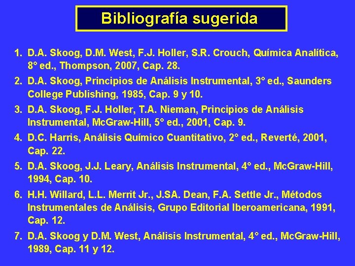 Bibliografía sugerida 1. D. A. Skoog, D. M. West, F. J. Holler, S. R.