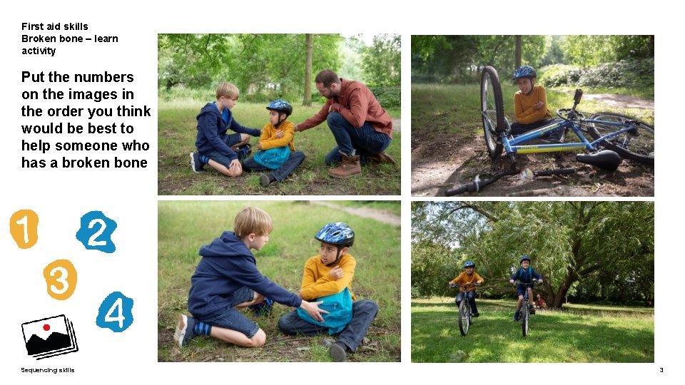 First aid skills Broken bone – learn activity Put the numbers on the images