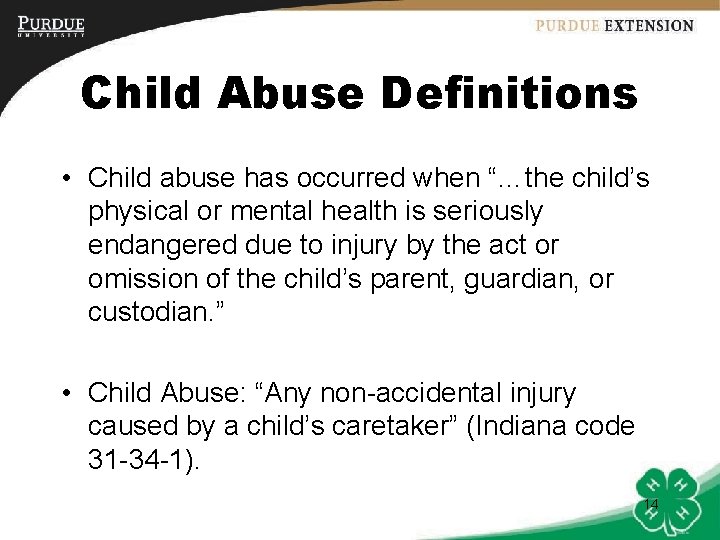 Child Abuse Definitions • Child abuse has occurred when “…the child’s physical or mental
