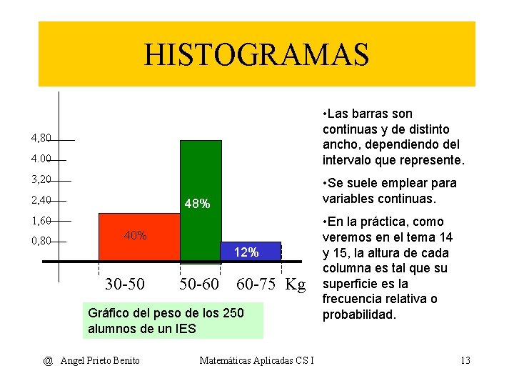 HISTOGRAMAS • Las barras son continuas y de distinto ancho, dependiendo del intervalo que