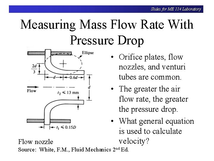 Slides for ME 114 Laboratory Measuring Mass Flow Rate With Pressure Drop Flow nozzle