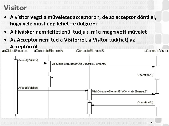 Visitor • A visitor végzi a műveletet acceptoron, de az acceptor dönti el, hogy