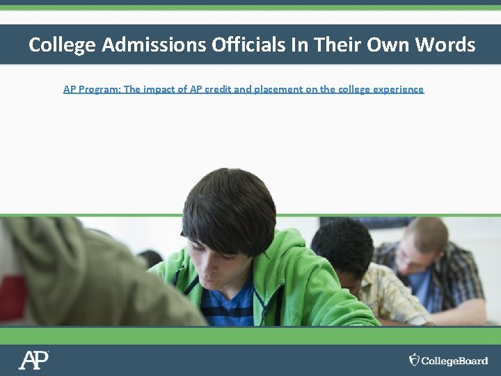College Admissions Officials In Their Own Words AP Program: The impact of AP credit