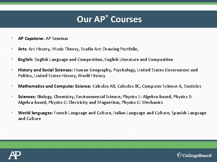 Our AP® Courses • AP Capstone: AP Seminar • Arts: Art History, Music Theory,