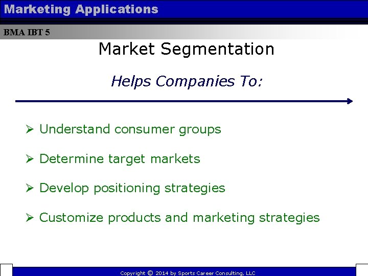 Marketing Applications BMA IBT 5 Market Segmentation Helps Companies To: Ø Understand consumer groups