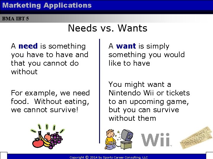 Marketing Applications BMA IBT 5 Needs vs. Wants A need is something you have